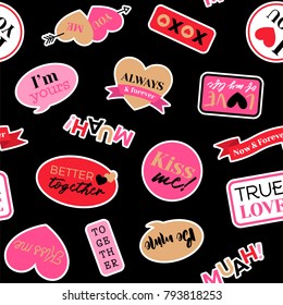 Valentines badges seamless pattern on black background