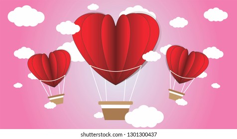 Valentine's Ballon Heart Paper with white clouds  in pink background