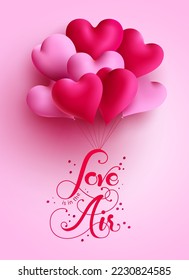Valentine's balloons vector concept design. Love is in the air text with heart balloon bunch floating in in background for heart's day greeting card. Vector Illustration.
