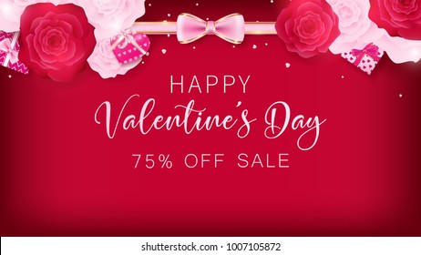 Valentines banner contains red background ,white and red rose ,ribbon gifts and happy valentine's day text on the middle ,usage in advertising decorative or cerebrate invitation.
