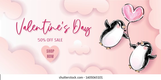 Valentines banner of cute penguins flying with heart balloon