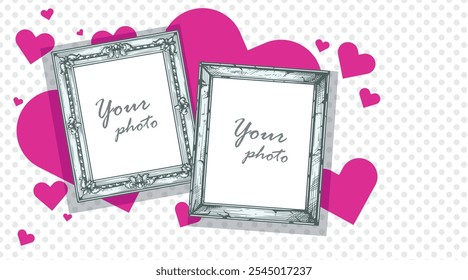 Valentine's banner design template. Dotted polka background with pink hearts and vintage hand drawn blank picture frames for photo. Best for social media post, cards. Vector illustration.