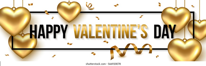 Valentines banner with gold heart, ribbon, confetti. Vector illustration