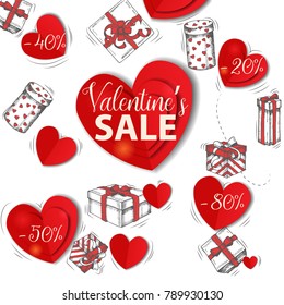 Valentines  banner with hand drawn doddle gifts, and cardboard hearts on white. Banner, flyer, brochure. Advertising