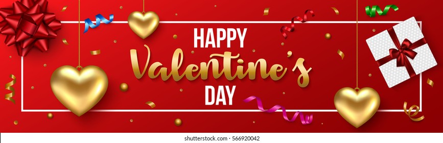 Valentines banner with holiday elements. Gold heart, gift box, ribbon. Vector illustration