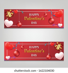 Valentines banner with holiday elements. red heart, gift box, ribbon. Vector illustration