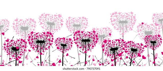 Valentine's banner with love dandelions with pink hearts. Vector illustration.
