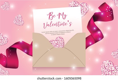 Valentines banner with love letter and glitter hearts