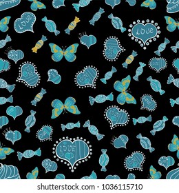 Valentine':s with black, blue and white elements. Vector illustration. Heart pattern. Seamless Geek valentine':s day hearts background.