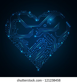 Valentine's blue background with circuit board on heart shape. Vector illustration for your artwork. Look at my portfolio to find more.