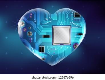 Valentine's blue background with circuit board on heart shape.