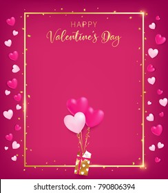 Valentines board with gold border and happy valentine`s day text ,golden heart glitter drop beside board ,balloons tie to gift box, artwork usage in advertising decorative or cerebrate invitation.