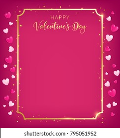 Valentines board with gold border and happy valentine`s day text ,golden heart glitter drop beside board, artwork usage in advertising decorative or cerebrate invitation.