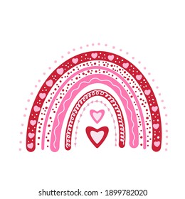 Valentines boho rainbow. Hand drawn cute clipart. Vector template for Valentine’s Day banner, poster, greeting card, flyer, t shirt, etc.