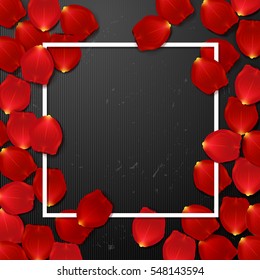 Diseño de tarjeta de frontera de San Valentín con pétalos de rosa roja 