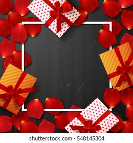 valentine`s  border Card design with red rose petals, gift box  