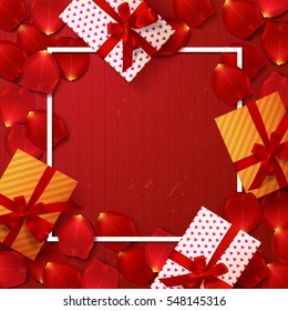 valentine`s  border Card design with red rose petals, gift box   