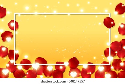 valentine`s  border Card design with red rose petals and Glowing Lights Hearts