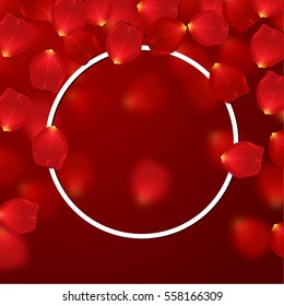 valentine`s border Card design with red rose petals 