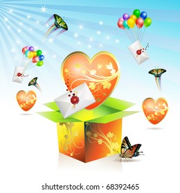 Valentine's box, big heart, envelopes raised by balloons and butterfly, vector illustration