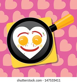 Valentine's breakfast: heart shape fried eggs on a pan. Layered file. Vector illustration and design element
