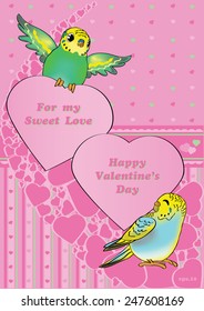 Valentine's Budgies. Vector cartoon style Birds (budgies/parrots) with Valentine's Day Greetings