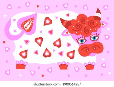 Valentine's bull, cow with hearts for congratulations on Valentine's Day in the Bull Year