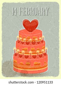 Valentines Cake with Sweet Hearts on Grunge Background. Vector Illustration.