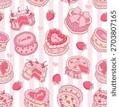 Valentines Cakes Seamless Pattern, Vintage Retro Cake Digital Paper, Trendy Pink Valentine Fabric, Coquette Heart Cakes Repeat Pattern Design Vector