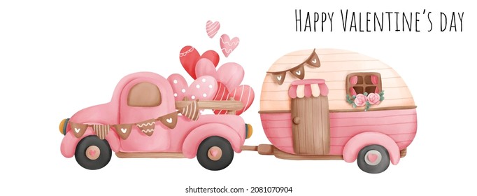 Valentine's camper, Valentine's transport. Vector illustration