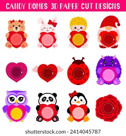 Valentines candy dome holders Bundle. Paper cut template. Vector illustrations. Cute holiday symbols. 3D layered Valentines ornaments for sweets.