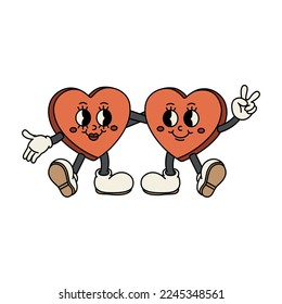 Valentine's Candy hearts are hugging together. Happy and cheerful emotions. Old animation 60s 70s, funny cartoon characters. Trendy illustration in retro style. Vector on isolated background.