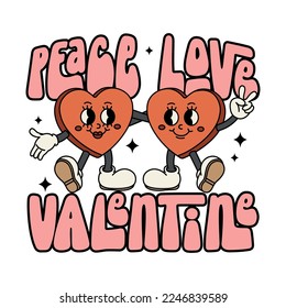 Valentine's Candy hearts are hugging together. Quote-Peace love Valentine. Old animation 60s 70s, funny cartoon characters. Trendy illustration in retro style. Vector on isolated background.