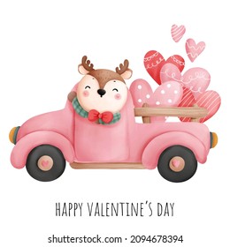 Valentine's car with deer, vector illustration