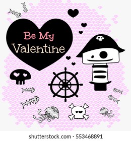 Valentine's card for 14 February with male pirate on pink skulls background and black heart sign Be My Valentine! Vector illustration