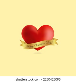Valentine's card with a 3d effect heart and a greeting text for Valentine's Day on a gilded ribbon