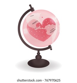 Valentines card with America and South America map on the globe with heart inside the transparent globe. Sweet color for Valentine's day. Vector illustration.  