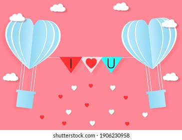 Valentine's card background with blue hearts balloons,clouds and hearts flying in the air.text i love you.paper cut design.Vector illustration.