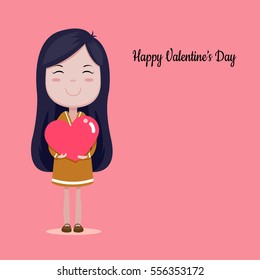  Valentine's card with beautiful girl  holding heart on pink background vectoe illustrator style