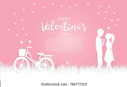 Valentine's card with bicycle, boy giving roses to a girl. In love couple on the yard with hearts and sweet pink background. Text Happy Valentine's day in paper cut style. Vector illustration. 