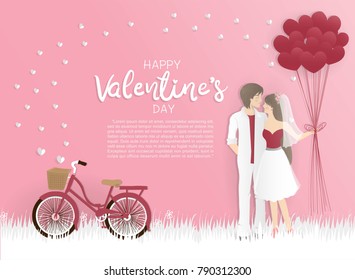 Valentine's card with bicycle and couple hugging with heart balloons on the yard with hearts and sweet pink background. Text Happy Valentine's day in paper cut style. Vector illustration. 