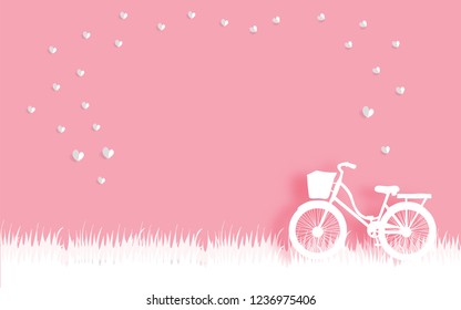 Valentine's card with in bicycle and floating heart in paper cut style vector illustration.