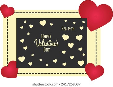 Valentine's card in black color with cream colored hearts, cream colored text and cream colored frame with black dashed lines with red hearts in the corners