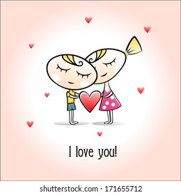 Valentines card. Boy and girl hold heart