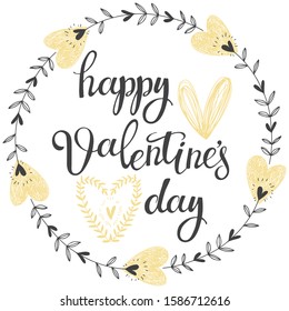 Valentine's card. Cartoon vector illustration with floral doodles. Round frame with a wish written by hand. Perfect for stickers, valentines, greeting cards and invitations.