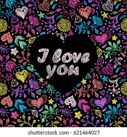 Valentine's card with colorful flowers,hearts and other elements on black background.Vector illustration.