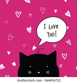 Valentine's card with copy space. I love you. Cat character.  Template. Graphic design element.