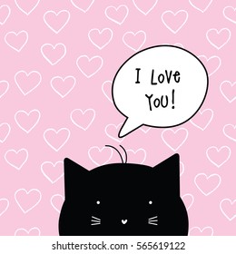 Valentine's card with copy space. I love You. Cat character. Template. Graphic design element.