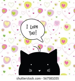 Valentine's card with copy space. Template. Cat character. Graphic design element.