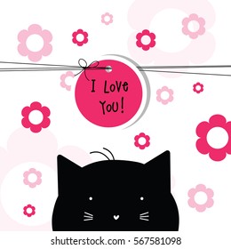 Valentine's card with copy space. Template. Cat character. Graphic design element.